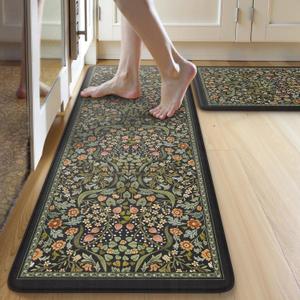 Collive Kitchen Mats for Floor 2PCS, Cushioned Anti Fatigue Mat Non Slip Waterproof Kitchen Sink Rugs, Washable Vintage Spring Floral Rug Comfort Standing Mat for Laundry, Desk, Bar, Office, Black