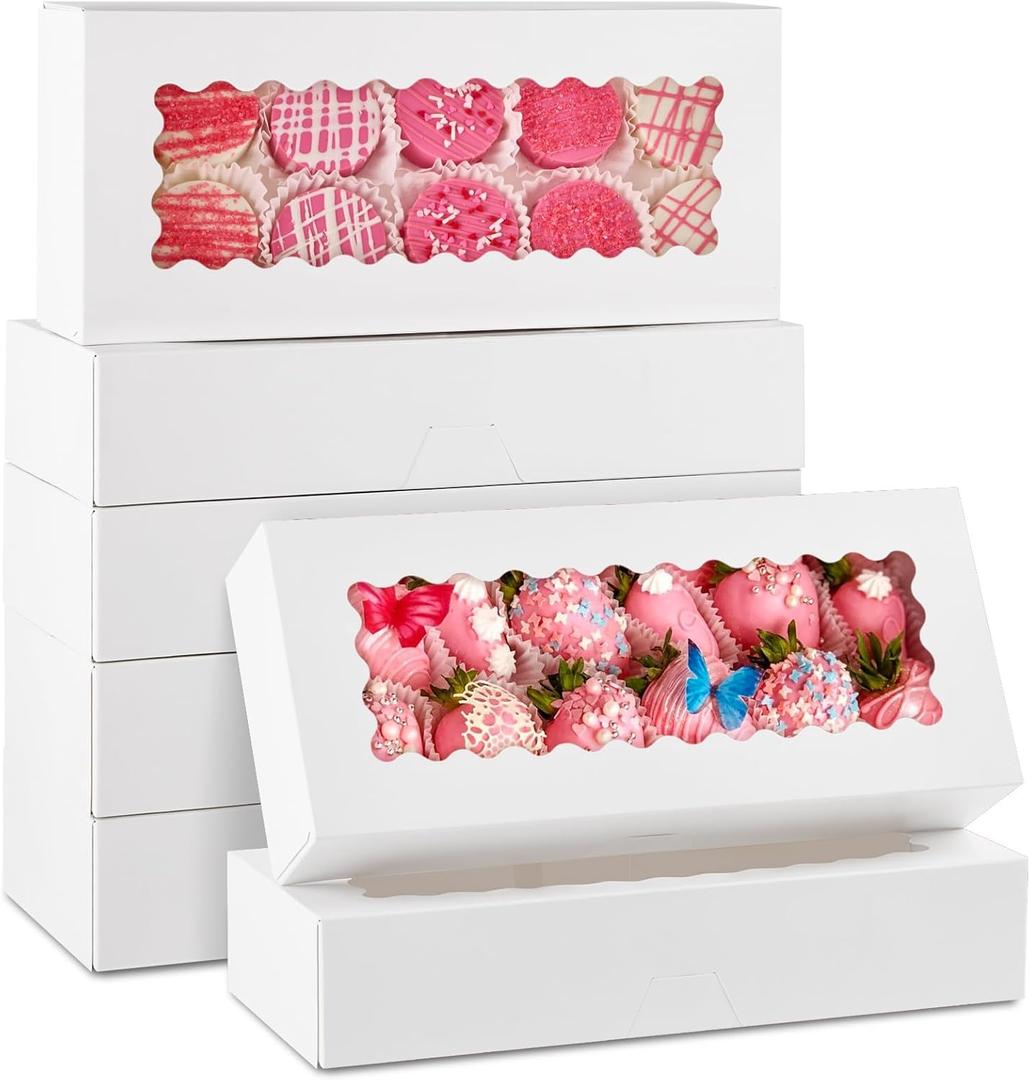 ZORRITA 30 Pack Auto Pop-up Cookie Boxes with Window, 12.5" x 5.5" x 2.5" White Bakery Boxes Treat Boxes for Chocolate Covered Strawberries, Cake Pops, Donuts, Cocoa Bombs, Sugar Cookies, Pastries