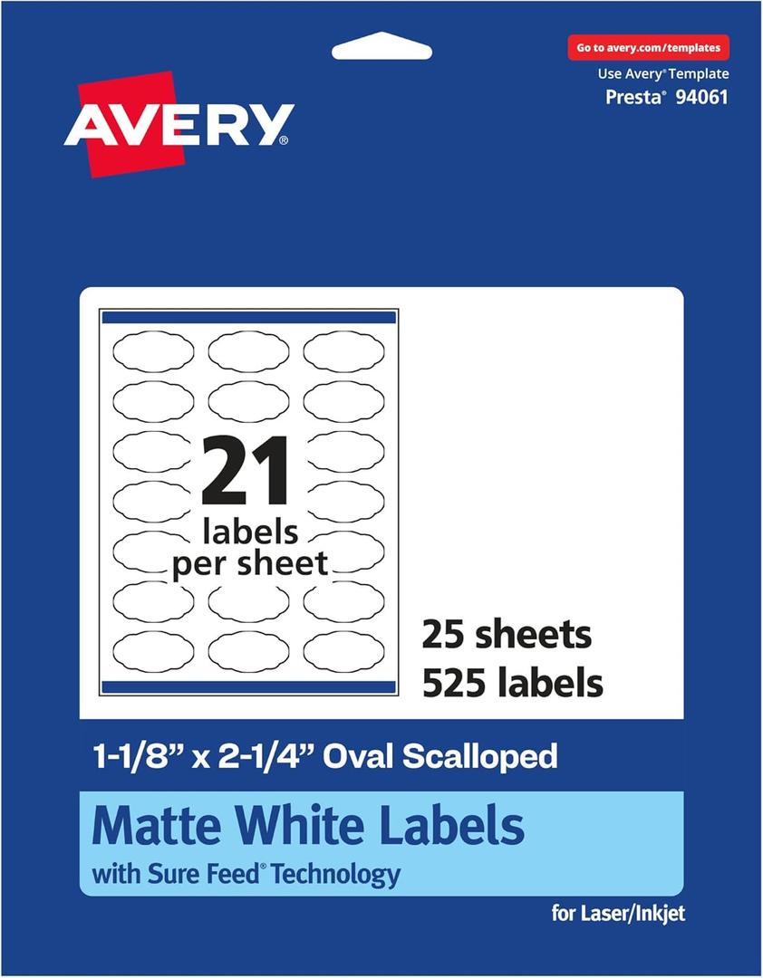 Avery Matte White Oval Scalloped Labels, Sure Feed Technology, 1-1/8" x 2-1/4", 525 Matte White Printable Labels