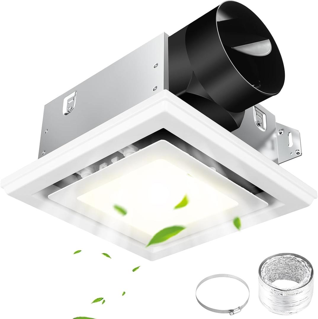 FEITON Bathroom Exhaust Fan with Light (3000K/4000K/5000K), Ceiling Mount, 110 CFM 1.0 Sones, Quiet Square Bath Fan Light Combo(Metal housing, 4 Inch Duct, Ceiling Opening Size: 7.6 x 7.3 Inches)