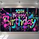 HOMETITUTE Neon 10th Happy Birthday Banner 71x43 Inch Paint Splatter Glow in The Dark Party Backdrop Colorful Wall Decor for Kids Boys Girls Tenth Birthday Celebrations Photo Booth Event Supplies