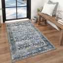KUTA Vintage Floral 3x5 Entryway Rug, Area Rugs for Living Room Blue Grey Beige Washable Kitchen Carpet Non-Slip, Ultra Thin Soft Printed Distressed Oriental Entry Low-Pile Throw for Dining Room Dorm