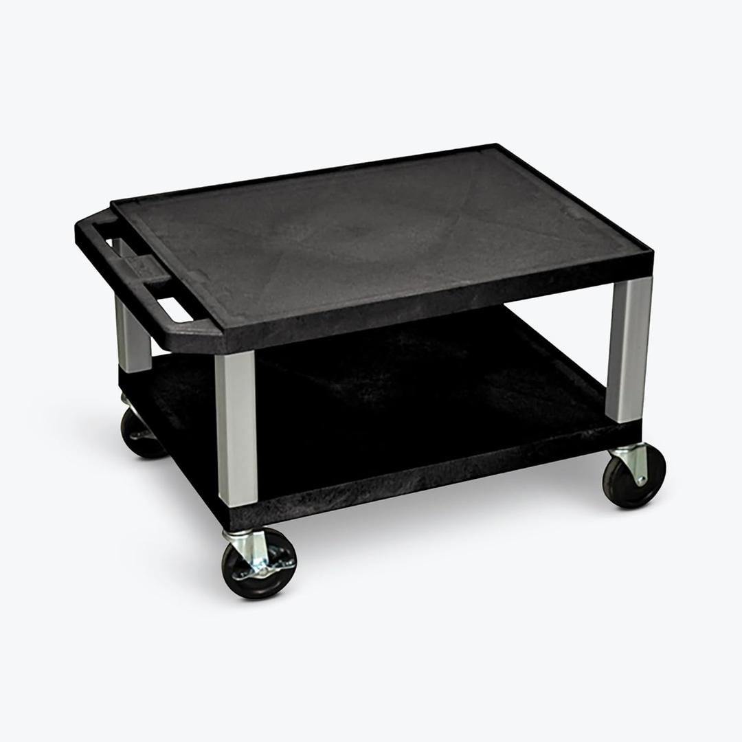 WT16-N 16" AV Cart, 2 Molded Plastic Shelves, Nickel Legs, Heavy-Duty Casters, Ergonomic Handle, Optional Electrical Assembly, 24" W x 18" D x 16" H, Made in USA
