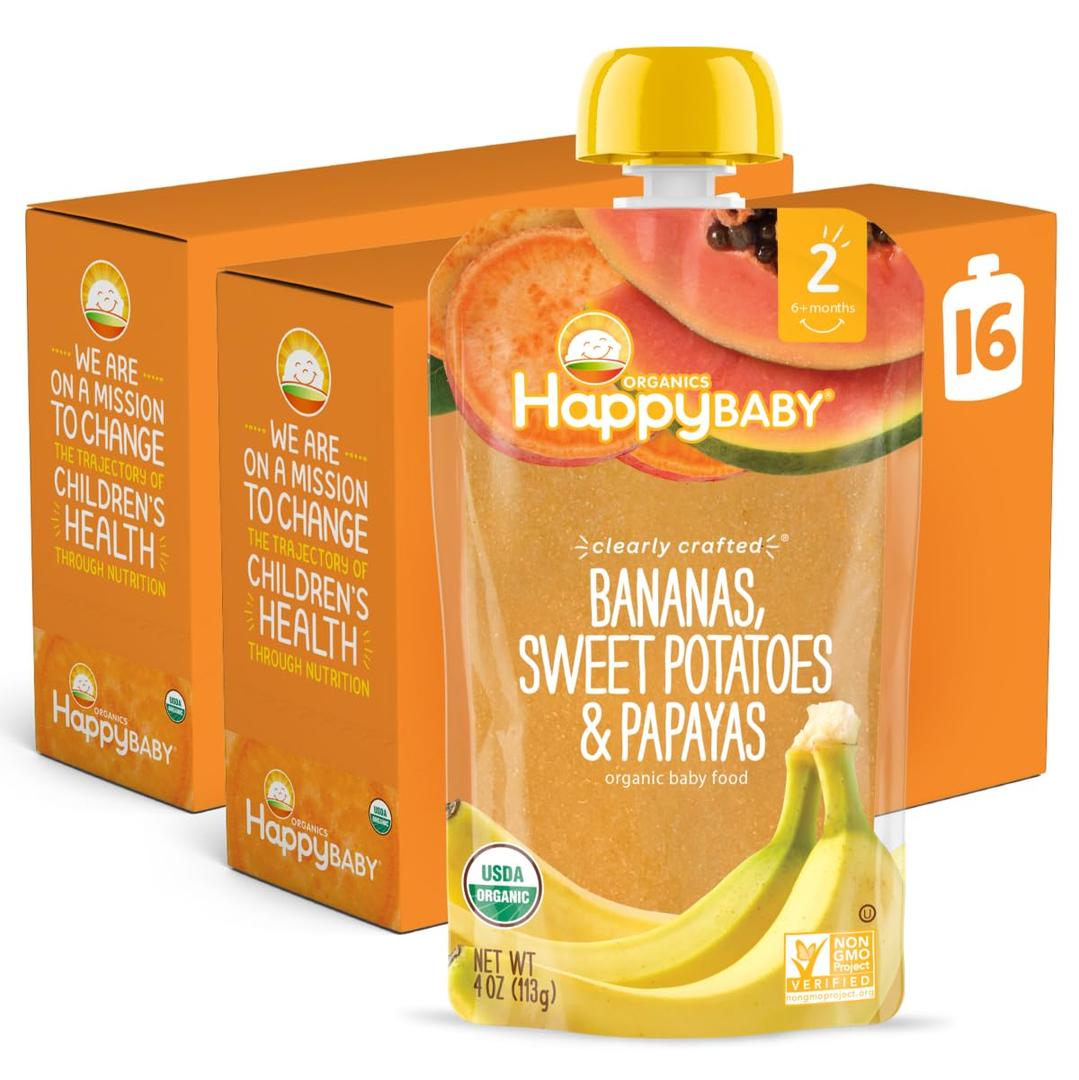 Happy Baby Organics Clearly Crafted Stage 2 Baby Food, Bananas, Sweet Potatoes & Papayas, 4 Ounce Pouch (Pack of 16) packaging may vary