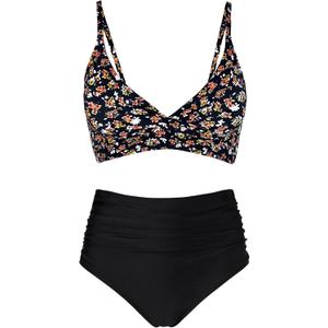 Women's High Waisted Bikini Sets Push Up Twist Front Spaghetti Straps Ruched Two Piece Swimsuit Bathing Suit (Medium, Flower Black)