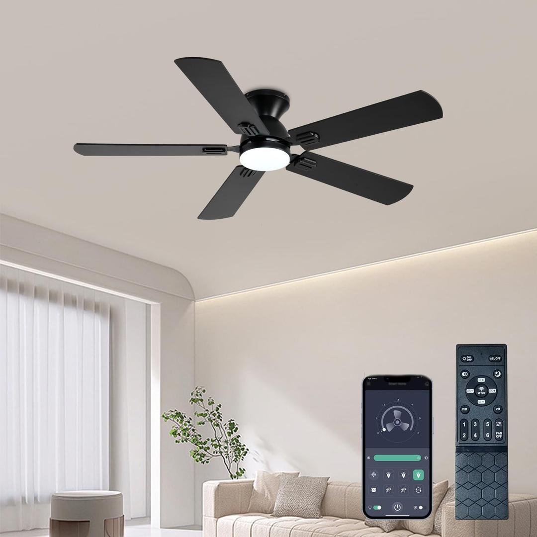 Ceiling Fans with Lights, 52 Inch Low Profile Ceiling Fan with Light and Remote, Flush Mount Ceiling Fan, 3CCT, Dimmable, Noiseless, Ceiling Light Fan for Bedroom, Indoor/Outdoor Use,Black