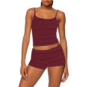 RUEWEY Women Y2k Pajama Set Striped Sleeveless Crop Cami Top Lounge Shorts PJS 2 Piece Matching Sleepwear M