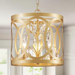 WUZUPS Crystal Chandelier 3-Light Vintage Farmhouse Pendant Ceiling Light Lighting Fixture for Foyer Diningroom Bedroom Hallway Storage Kitchen Bathroom, H 10.8" W 11.8", E12 Base, Gold