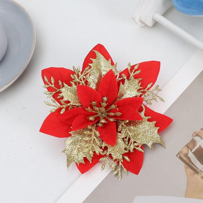 24 PCS Poinsettia Flower Artificial Red Gold Christmas Flowers Artificial 5.5'' Glitter Poinsettias Artificial Christmas Tree Flower With Clips Diy Xmas Wreath Holiday New Year Home Party Decor