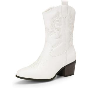 DREAM PAIRS Cowboy Boots for Women, Mid Calf Cowgirl Boots with Embroidery Round Toe Western Chunky Low Heel Shoes (7, White)