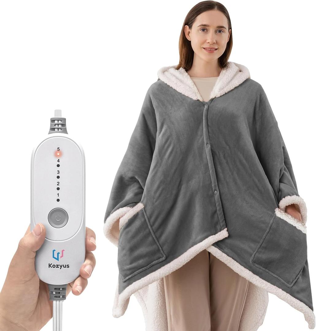 Wearable Heated Throw Blanket, Heated Shawl Electric Wrap Poncho with Hood & Pockets for Women & Men, 5 Heat Settings, 3H Auto-Off, Machine Washable, ETL Certified, Gift-Ready, 56x63, Light Grey