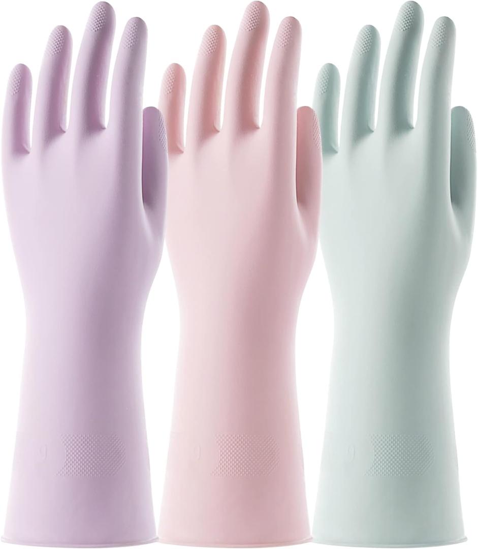COOLJOB 3 Pairs Colorful Household Gloves with Cotton Liner & Non-slip Grip, Water Resistant Reusable Dish Washing Rubber Gloves for Kitchen & Bathroom Cleaning, Large (Large (Pack of 3), Assorted Colors)