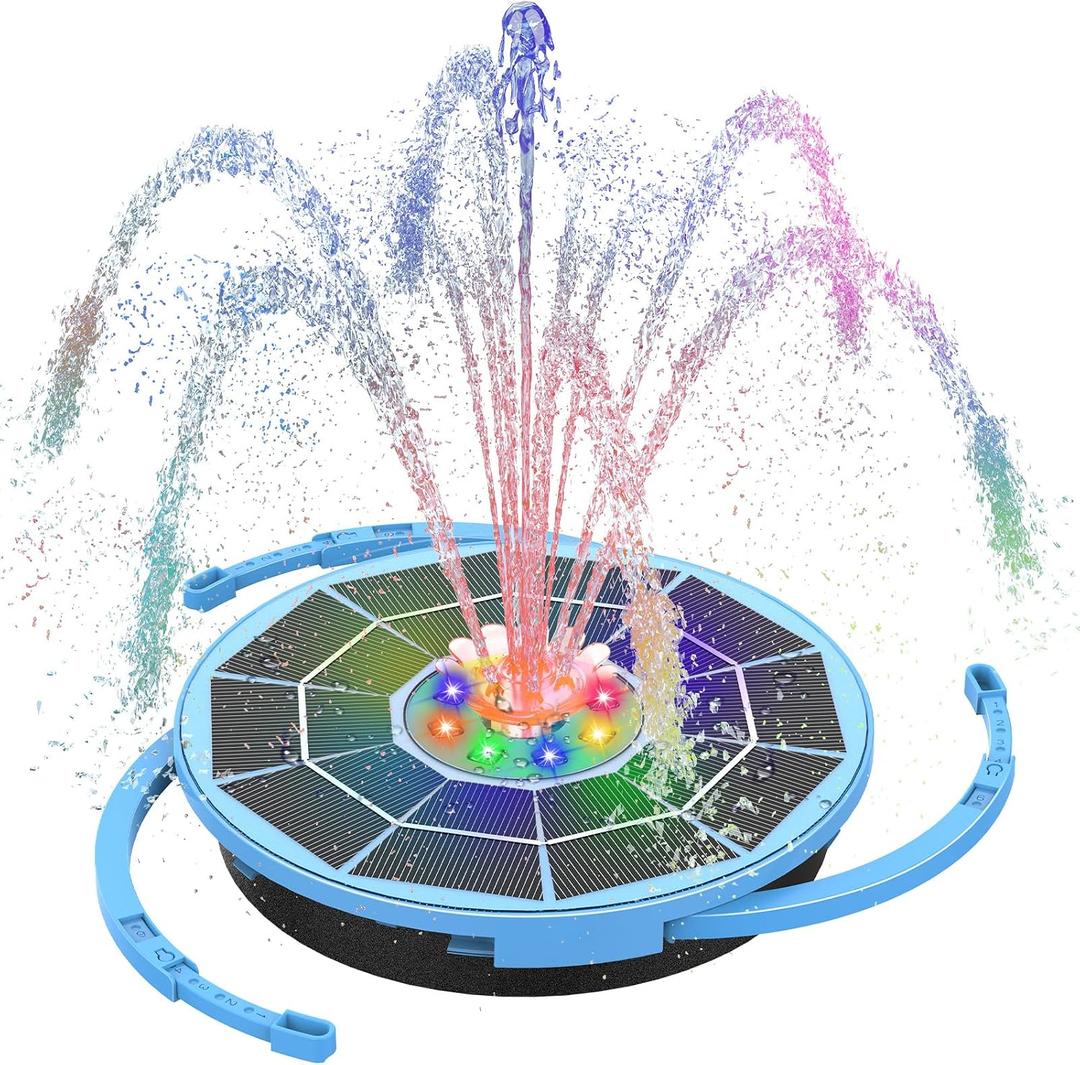AISITIN 3.5W Solar Bird Bath Fountain with LED Colorful Lights & 3000mAh Battery, Solar Fountain Pump with 10 Nozzles, Solar Water Pump for Garden, Pond and Outdoor (Blue)