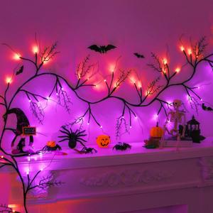 Timer & 8 Modes 9 FT 72 LED Willow Vine Twig Decor Garland with Orange & Purple Lights, Battery Operated Indoor Halloween Decor for Home Mantle Fireplace