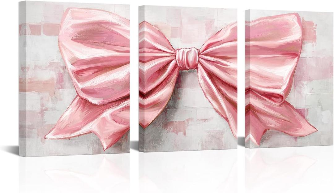HOMEOART Bow Painting Canvas Print Bow Picture Bathroom Decor Bedroom Wall Decor 12x16inchx3Pieces Framed (Pink)