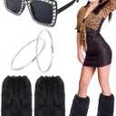 Geyoga 3 Pcs Halloween Reality Television Personality Costume Crystal Rhinestone Hoop Earrings Oversize Square glitter Sunglasses Fur Leg Warmer Short Boot Cuffs Covers Funny Accessories Girls Women