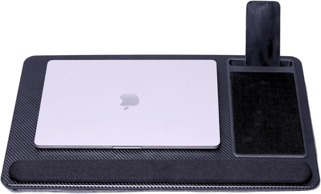 Lap Desks for Adults, Home Office Black Carbon Laptop Lap Desk Stand with Wrist Rest, Mouse Pad & Phone Holder, Cushioned Lap Tray Laptop Stand for Bed & Couch, Fits up to 15.6 Inch Laptops