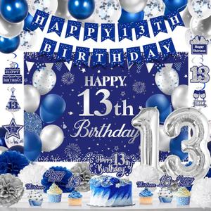 13th Birthday Decorations for Boys Girls Blue Teenager Party Decorations with Happy 13th Birthday Banner Number Balloons, Hanging Swirls, Pom Poms, Backdrop Teen Supplies for 13 Years Old