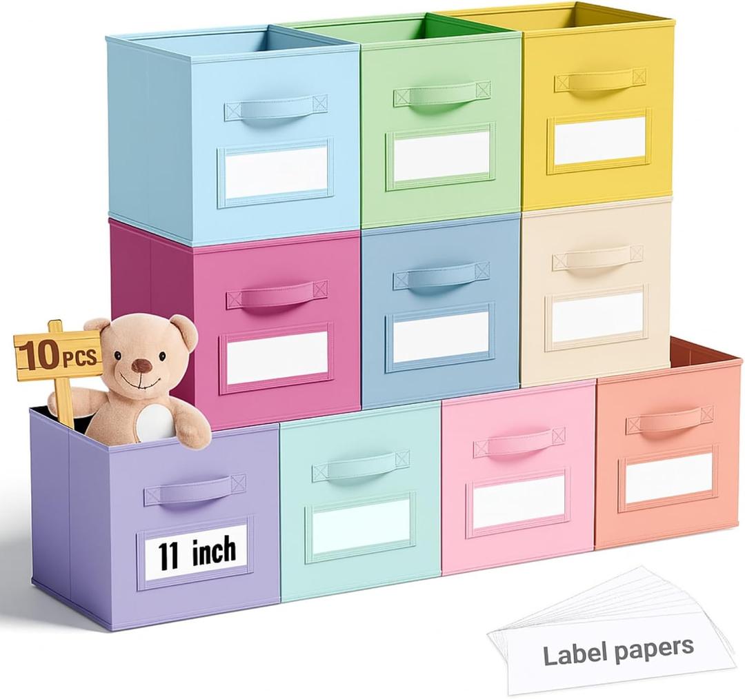 Teenyyou 10 Pack Fabric Storage Cubes 11 Inch Collapsible Cube Bins with Label Window & Handle Foldable Organizers Baskets for Shelf Closet Nursery Kids Room Clothes Book Toy(Macaroon)