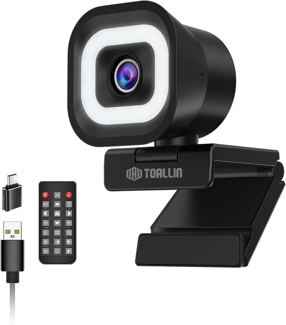 TOALLIN 4K Webcam with Ring Light, Remote Control, PDAF Autofocus, 1/2.5" Sensor & 12MP, Built-in Dual Mics, 5X Digital Zoom and Image Mirroring, Web Camera for Live-Streaming/Meetings/Video Calls