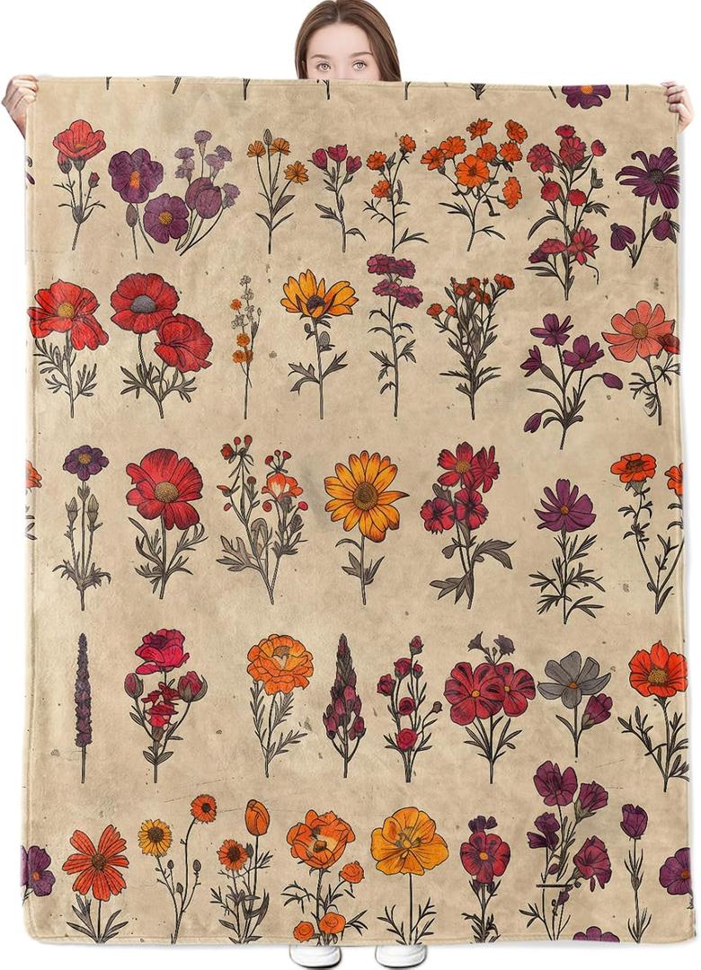 Vintage Floral Blanket Wildflower in Warm Color on Tan Background Throw Blankets Lightweight Flannel Throws for Camping Couch Office Botanical Retro Home Decor Gifts for Adults,60x50inch