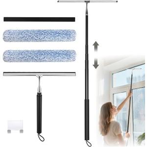 Squeegee for Shower Glass with Long Handle  Extends 13" to 48", Includes 2 Towel Sleeves, Replacement Silicone Blade & Hook, 14" Wide Blade for Glass, Mirrors, Windows & Tile Walls (Black) (Silver Stainless Steel + Black Silicone)