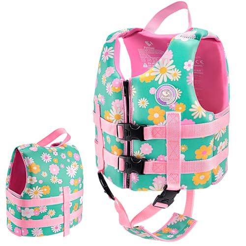 Pottwal Swim Vest for Kids - Swim Jacket for 7-9 Years (55-77LBS) - Puddle Jumper with Adjustable Crotch Strap - Made of Neoprene & EPE - Green Flowers