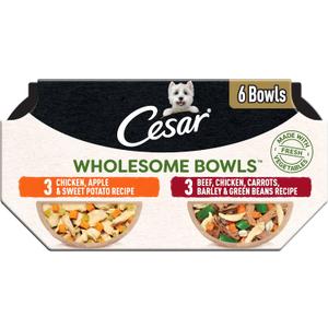 Cesar Wholesome Bowls Adult Wet Dog Food, Beef, Chicken, Carrots, Barley & Green Beans Recipe and Chicken, Apple & Sweet Potato Recipe Variety Pack, Wet Food for Dogs, 3 oz., 6 Count (EXP 09/14/27)