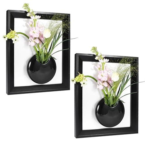 Qacoczme Wall Wooden Frame Ceramic Vase Set of 2,Modern Home Decor Tabletop or Wall Hanging Planters,Boho Rustic Farmhouse Decor for Living Room, Bedroom, Bathroom (Black, 11.5" X 9.6" 2 Pack)