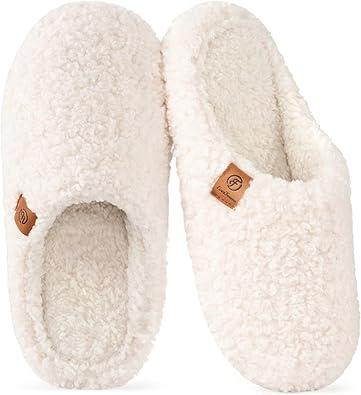 EverFoams Women's Fuzzy Slip-on Slippers Soft Comfy Memory Foam Indoor House Shoes  9-10, Beige 
