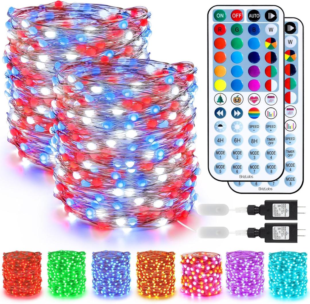 BrizLabs Fairy String Lights - 2 Pack 66ft 200 LED Color Changing Fairy Lights with Remote, Plugin Red White Blue Twinkle Light Rainbow Firefly Starry Light for Xmas Tree Halloween July 4th Easter