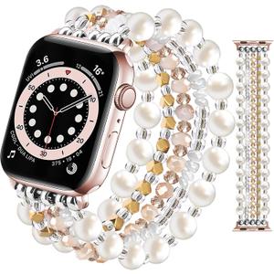 JR.DM Beaded Bracelet Bands for women Compatible with Apple Watch 40mm 38mm 41mm 44mm 42mm(S10/11) Fashion Cute Dressy Stretchy Handmade Strap for iWatch Series E Pearl Gold, 41/40/38/42mm (S10/11)-S