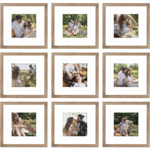 9 Packs 12x12 Picture Frame Gallery Wall Frame Set for 8x8 or 10x10 with 2 Mats or 12x12 Without Mat, Square Collage Wall Decor Photo Frames Bulk Set of 9 for Wall Hanging, Rustic Brown