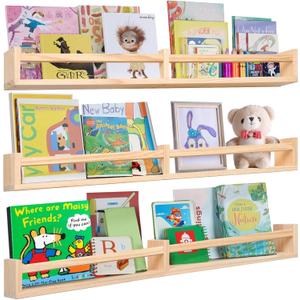 Nursry Shelves 32 inches Set of 3,Wood Floating Nursery Book Shelves for Wall,Wall Bookshelves for Kids,Transform Your Nursery into a Safe & Stylish Haven with Natural Wood Floating Shelves.