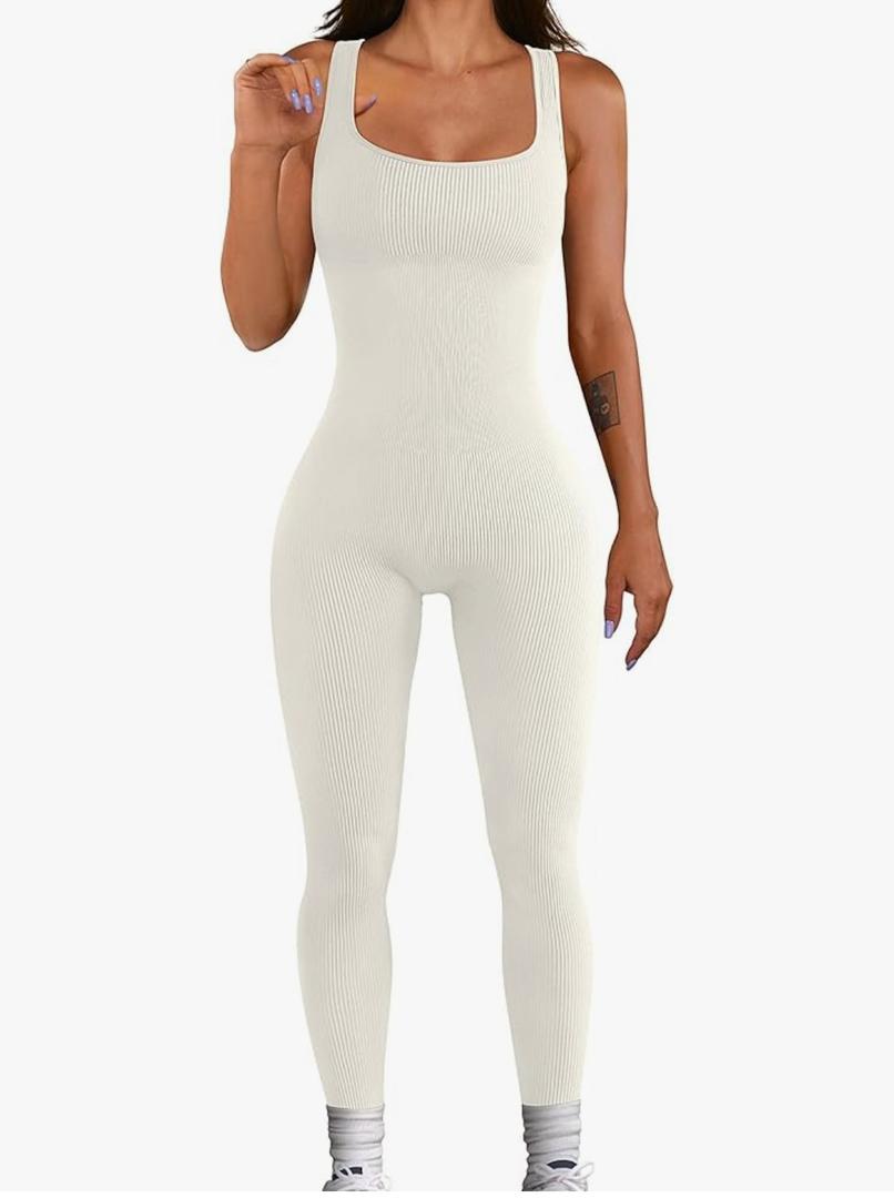 Women Workout Seamless Jumpsuit Yoga Ribbed Bodycon One Piece Tank Top Leggings Romper Size M
