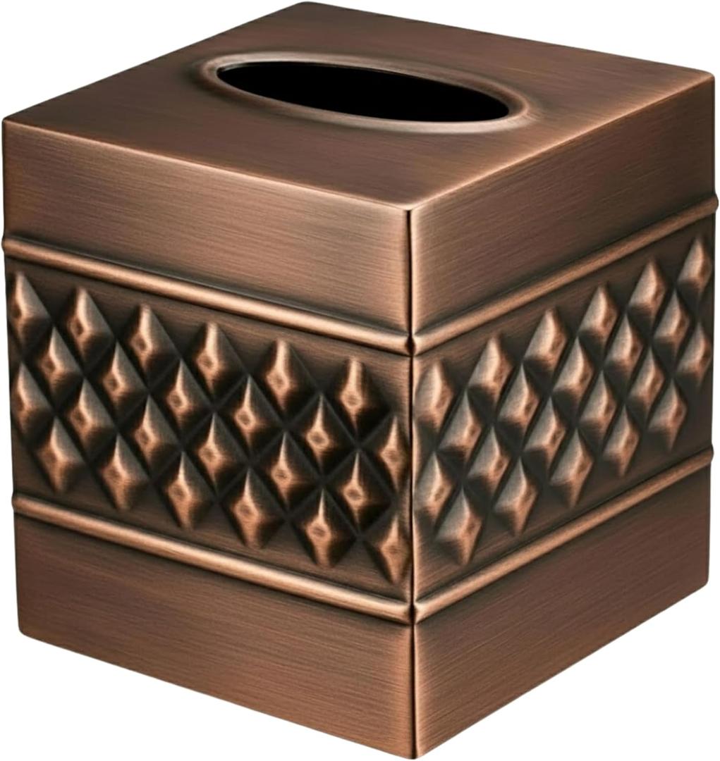 Monarch Abode Tissue Box Cover Square  Handcrafted Geo Embossed Antique Copper Finish Metal Tissue Holder Box for Bathroom Accessory, Aesthetic Decorative Facial Napkin Cube for Modern Home Dcor