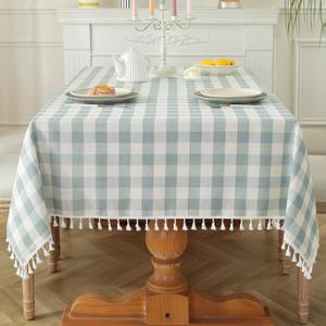 Laolitou Spring Checkered Tablecloth Rectangle Washable Buffalo Plaid Table Cloth with Tassel Cotton Linen Gingham Table Cover for Picnic Kitchen Dining Room, Blue, 120 Inch (120" x 55" (Rectangular))