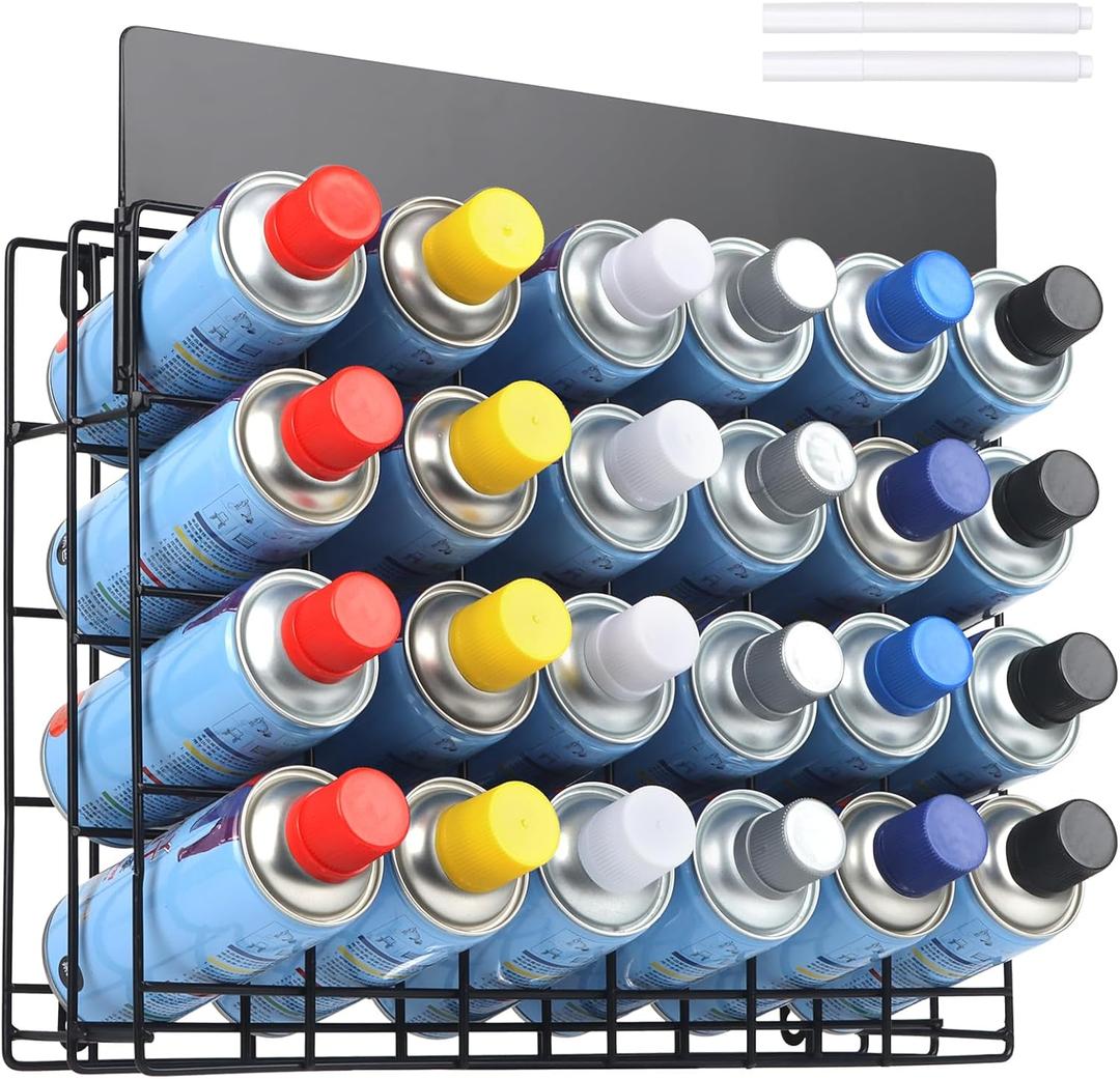 Spray Can Holder Storage Rack - Wall Mounted Metal Paint Bottle Organizer with A Removable Name Label Aerosol Can Holder Holds 24 Cans No Installation Required, 4.52 x 12.4 x 17.12 inches