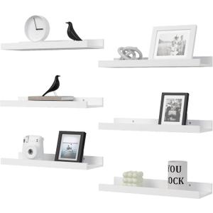 Floating Shelves Set of 6, White Wall Shelves with Lip, Display Shelves for Wall Decor, Modern Picture Ledge for Living Room, Bedroom, Nursery, Bathroom, Pictures, Books, Plants- White