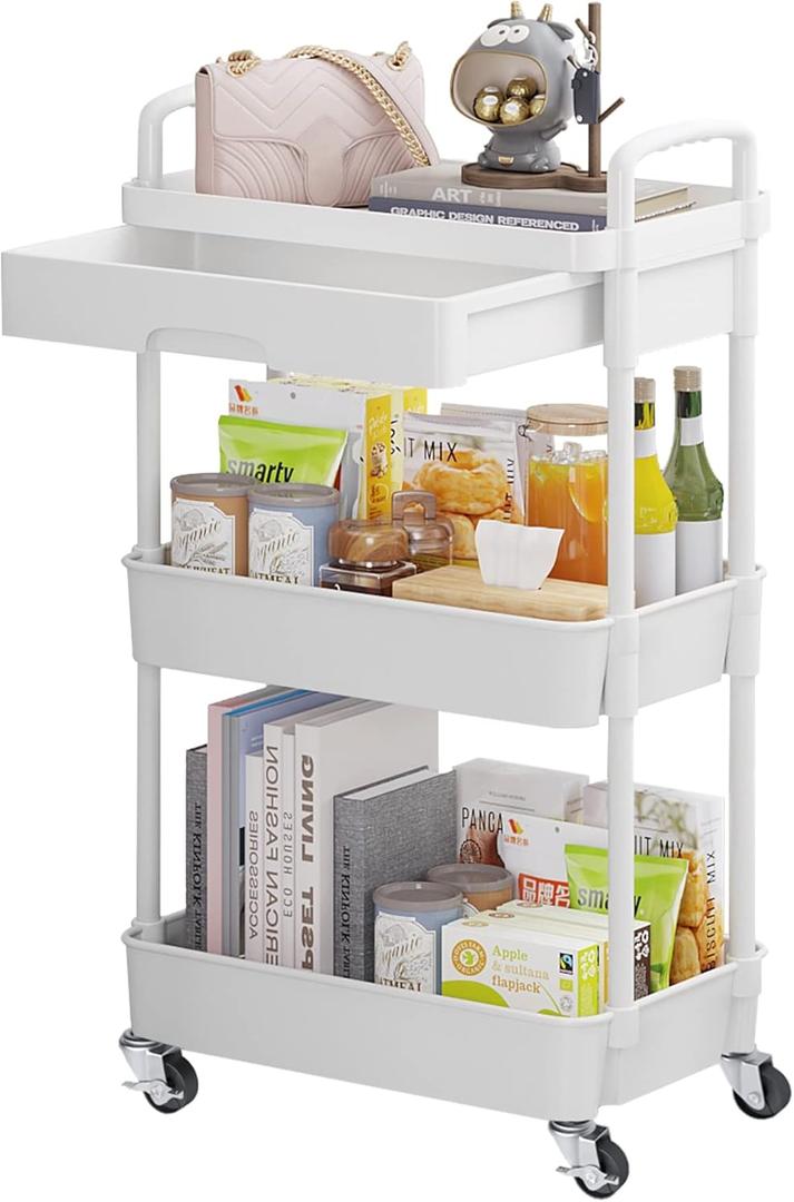 Calmootey 3-Tier Rolling Utility Cart with Drawer, Multifunctional Storage Organizer with Plastic Shelf & Metal Wheels, Storage Cart for Kitchen, Bathroom, Living Room, Office, White