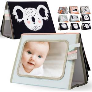Soft Tummy Time Book w/ Large Stimulating Baby Safe Mirror - Fun High Contrast Montessori Toy w/ Mirror, Crinkle Filling & Silicone Teether - The Perfect Toy For Safe Early Newborn/Infant Development