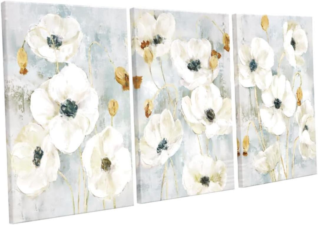 Neutral Floral Wall Art Set Of 3 Textured Flowers Painting Canvas Prints Aesthetic Botanical Wall Decor Nature Pictures Living Room Bedroom Bathroom 16"x24"x3pcs (Beige)
