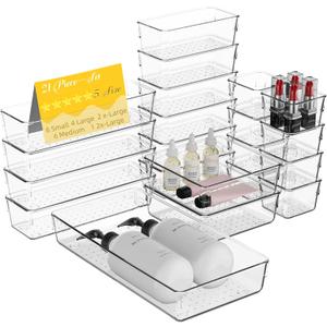 21 PCS Clear Plastic Drawer Organizer Set with 15 Inch Extra Long Bins, 5 Sizes Acrylic Makeup Organizer and Storage Trays, Non Slip Dividers for Vanity, Kitchen and Office