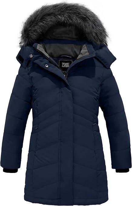 ZSHOW Girls' Waterproof Puffer Jacket Lightweight Fleece Lined Warm Winter Coat(Dark Blue,14-16/Big Kid)
