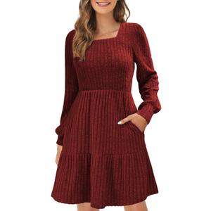 ZENUTA Women's Square Neck Sweater Dress Long Sleeve Knit Casual Fall Maxi Dresses with Pockets for Women Winter 2026 (XX-Large, Burgundy)