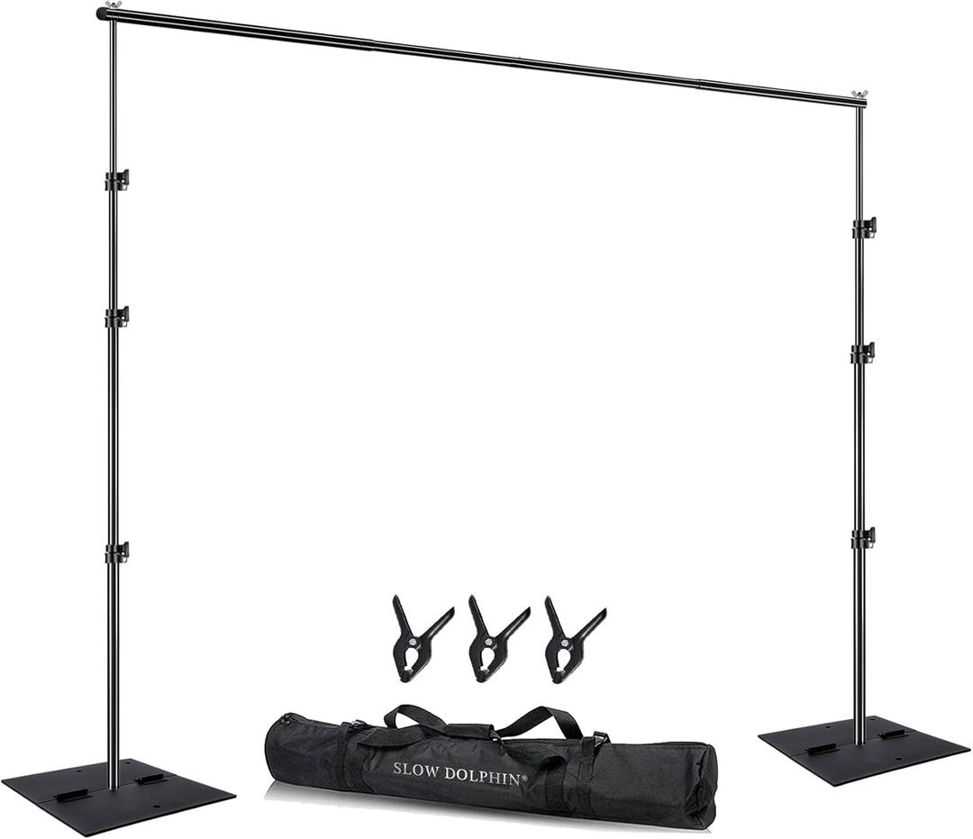 SLOW DOLPHIN Heavy Duty Backdrop Stand10ft x 8.5ft Adjustable Background Support System Kit with Steel Base for Photography, Photo Backdrop Stand for Parties Birthday, Photo Booth Video Studio