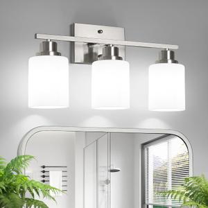 Ascher Bathroom Light Fixtures, 3-Light Vanity Light Over Mirror, Brushed Nickel Wall Sconces with Milky White Frosted Glass Shades, Wall Lamp for Living Room Bedroom, E26 Base(Bulbs Not Included)