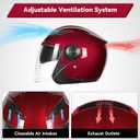 Adult 3/4 Open Face Motorcycle Helmet, Double Visor Motorbike Scooter Ebike Moped Cruiser Helmets for Men and Women DOT Approved (Wine Red, L)