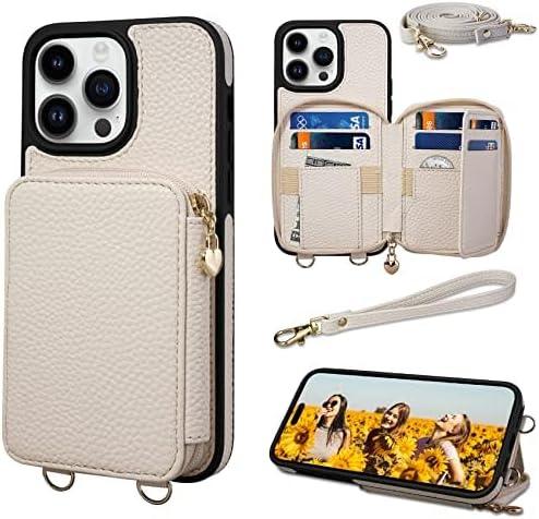 Keallce Wallet Case for iPhone 14 Pro Max 6.7'', Crossbody Zipper Purse with RFID Blocking Cover for iPhone 14 Pro Max, Card Slots Kickstand and Lanyard & Handstrap Case, Beige