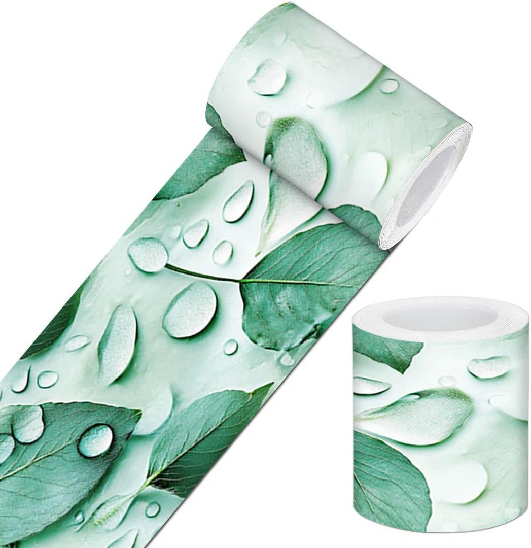 IVN Wallpaper Border Peel and Stick Wall Green Leaf Water Drop Decorative Wall Trim Self Adhesive Border for Walls Mirror Frame Accent Strip for Bedroom Kitchen LivingRoom 4x196 Inch